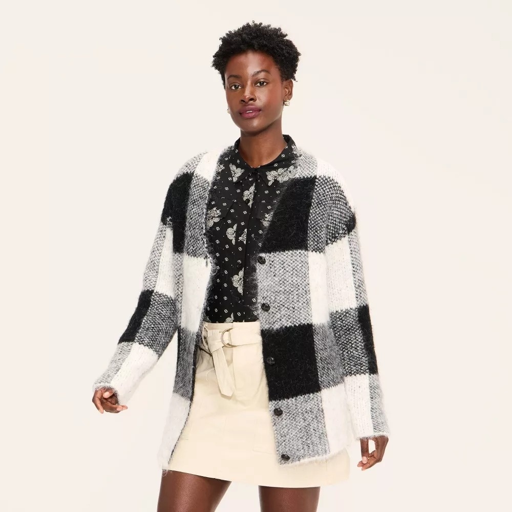 Woolrich Target Women S Small Buffalo Check Relaxed Cardigan Sweater Black/White